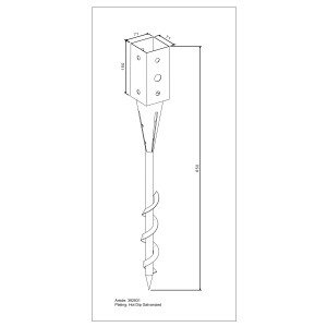 Zeichnung einer feuerverzinkten Einschraubbodenhülse, 650 mm lang, für 70 mm Pfosten.