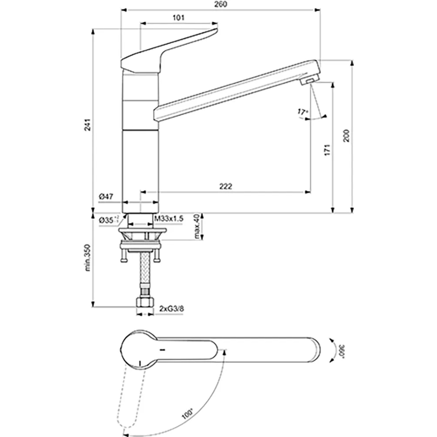 Technische Zeichnung: Ideal Standard Ceraflex Küchenarmatur, Chrom, mit Maßen.