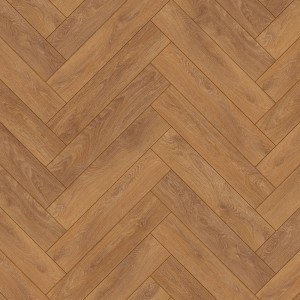 Kronoflooring Laminat Harlech Oak, wasserfest, im Fischgrätmuster verlegt.