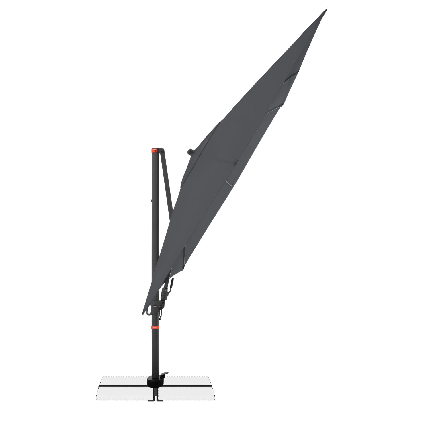 Anthrazitfarbener, quadratischer Doppler Ampelschirm 280x280 cm mit Kurbelmechanik.
