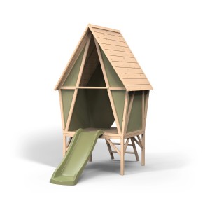 Exit Spielhaus Yuki 300 mit Rutsche, Holz und grüner Plane, für Kinder zum Spielen im Garten.