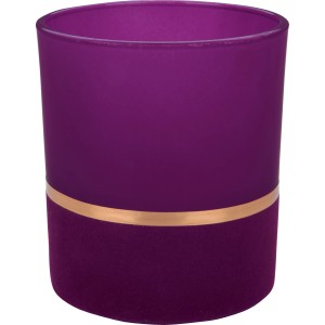 Magenta Teelichthalter Dark Wonder aus Glas, 10 cm hoch, mit goldener Bordüre.