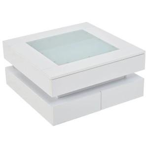 okwish Couchtisch mit LED Glasplatte Schubladen 70x70x35cm Hochglanz Weiß
