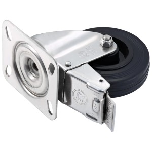 Apparate-Lenkrolle aus Edelstahl, Ø 100 mm, mit Feststeller und Montageplatte, bis 60 kg belastbar.