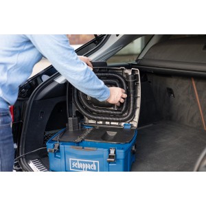 Scheppach Absauganlage HD 2P im Kofferraum, blau, mit Schlauch. Kompakte Staubabsaugung für Werkstatt und Baustelle.