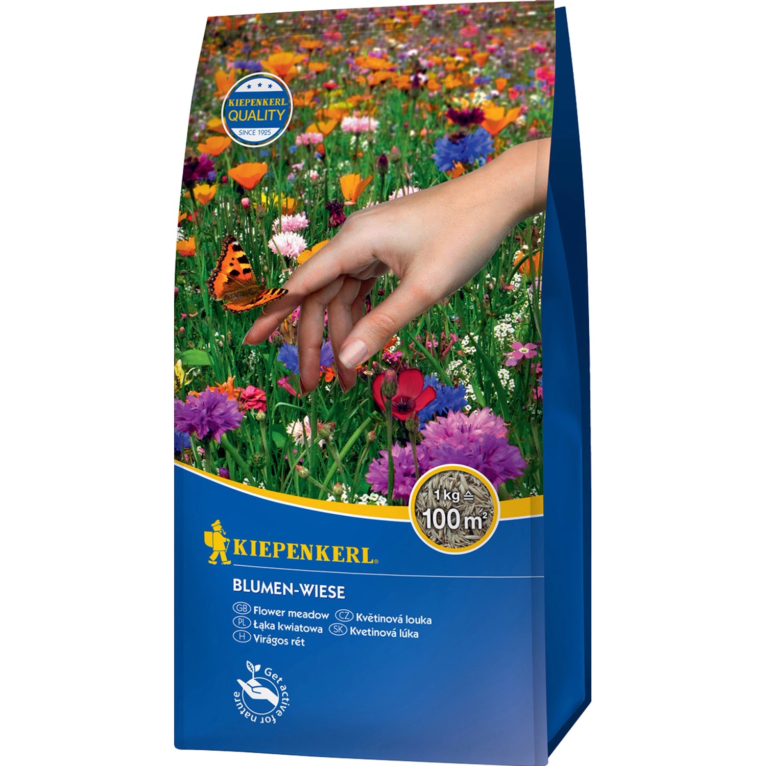 Kiepenkerl Blumen-Wiese 1kg: Packung mit blühender Wiese und Schmetterling auf Hand.
