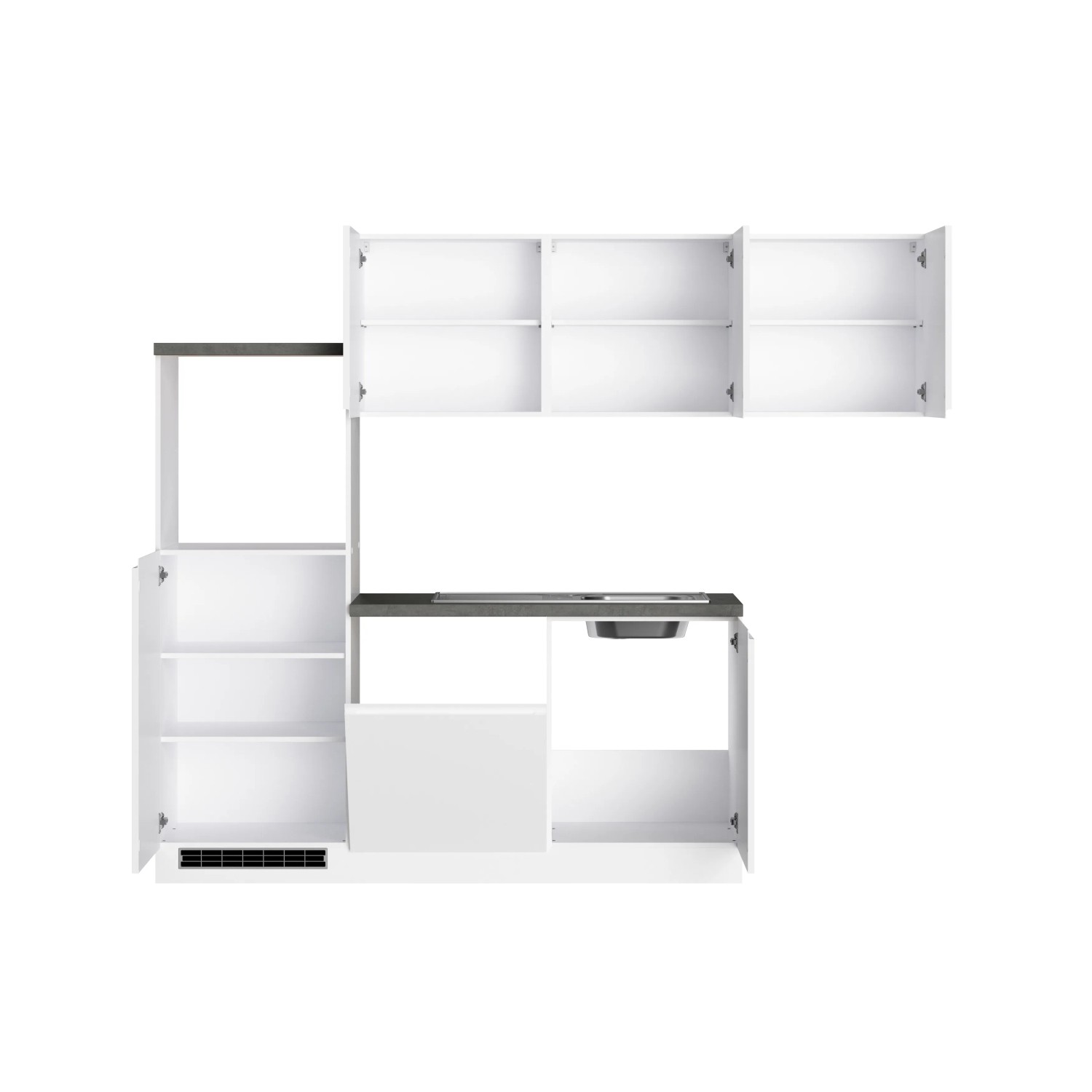 Weiße Held Winkelküche Gera 240 cm mit Beton-Arbeitsplatte, ohne E-Geräte.