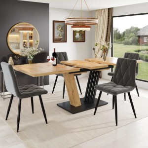 okwish Ausziehtisch in Natur-Holzoptik, teilweise ausgezogen, mit modernem dunklem Gestell.