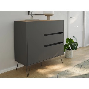 Posseik Sideboard Industrial L, 100 cm, Grafit/Eiche, mit 3 Schubladen und 1 Tür.