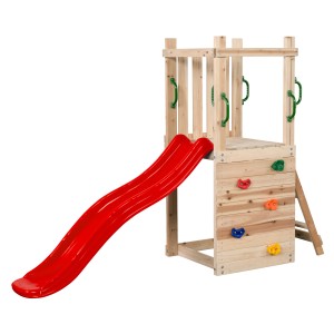 Swing King Spielturm Mari aus Holz mit roter Rutsche, Kletterwand und Griffen.