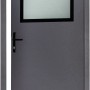 Geöffnete, anthrazitfarbene Stahl-Nebeneingangstür mit Fenster, Anschlag links, 88x198 cm.