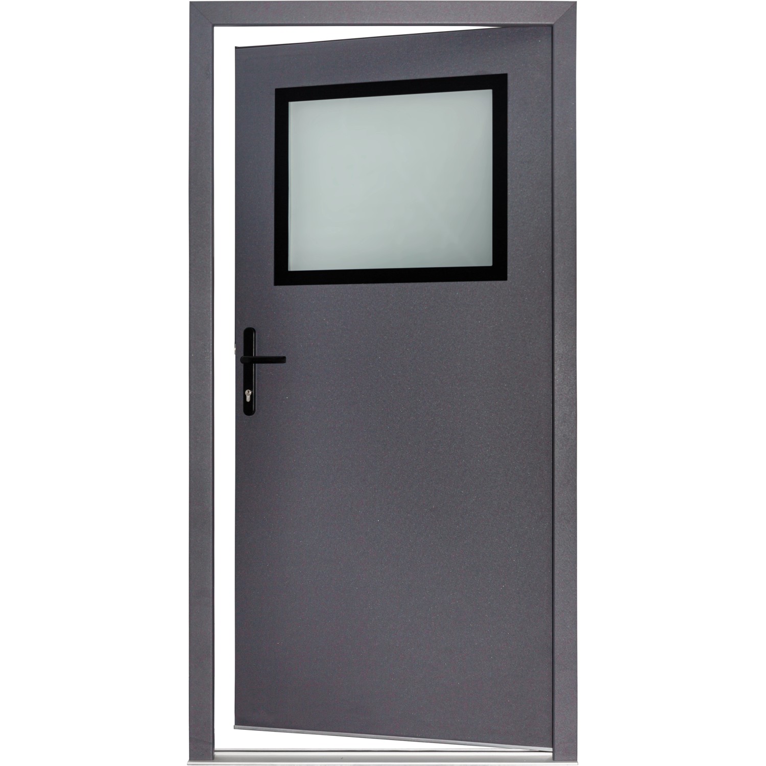 Geöffnete, anthrazitfarbene Stahl-Nebeneingangstür mit Fenster, Anschlag links, 88x198 cm.