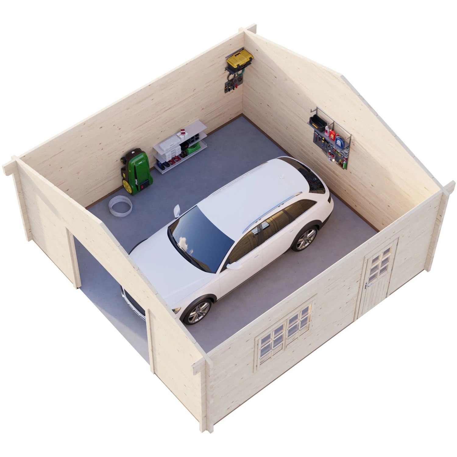 Palmako Holzgarage Roger, tauchgrundiert, mit Auto, Regalen und Werkzeug an den Wänden.