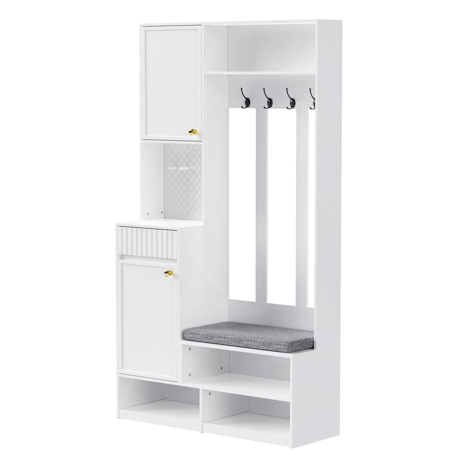 okwish Garderoben Set mit Sitzbank 4 Haken Türen Schubladen 100x180x35cm Weiß_9