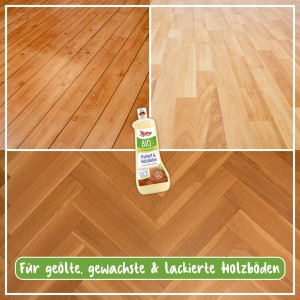 Poliboy BIO Parkettpflege, 1L Flasche vor verschiedenen Holzböden.