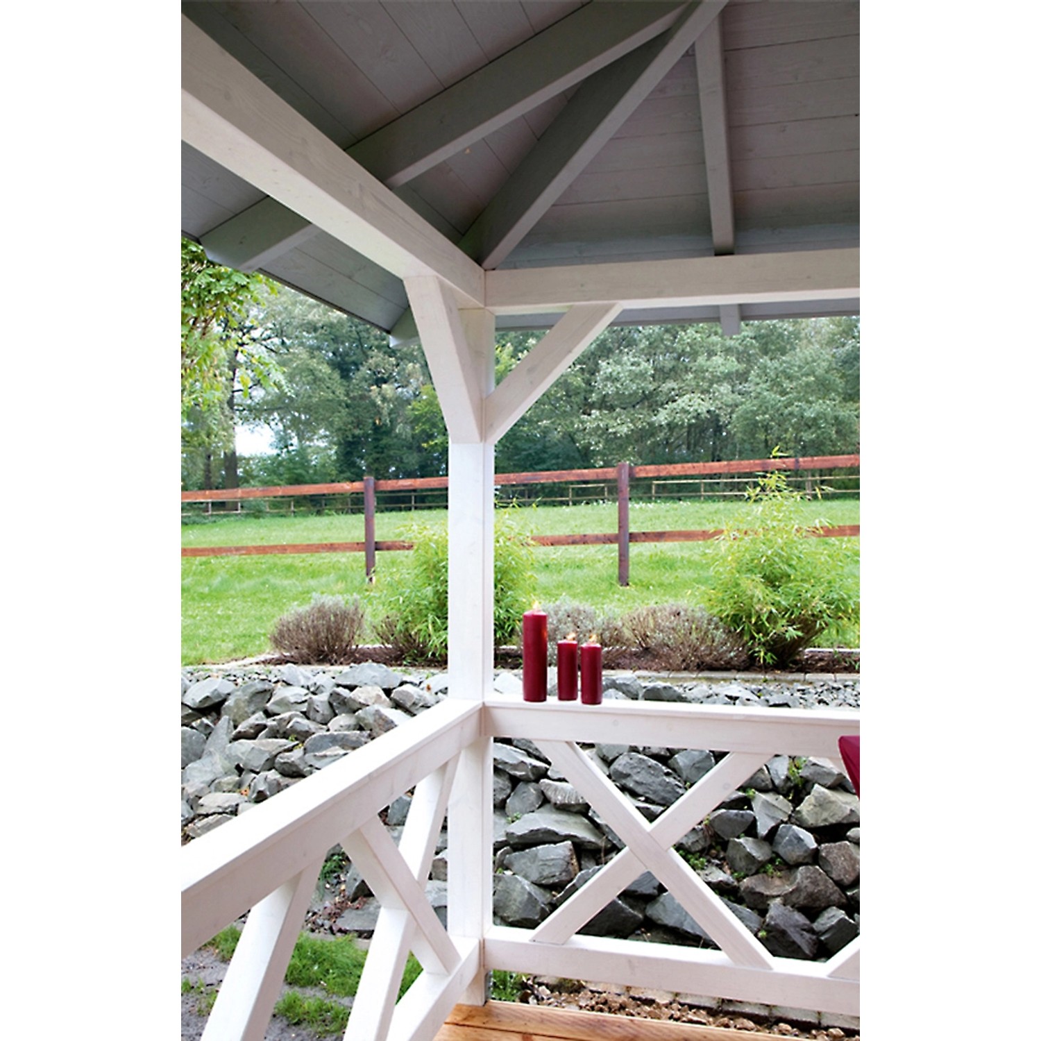 Skan Holz Brüstung Andreaskreuz, 465x84 cm, Fichte Natur, für Lauben & Pavillons.