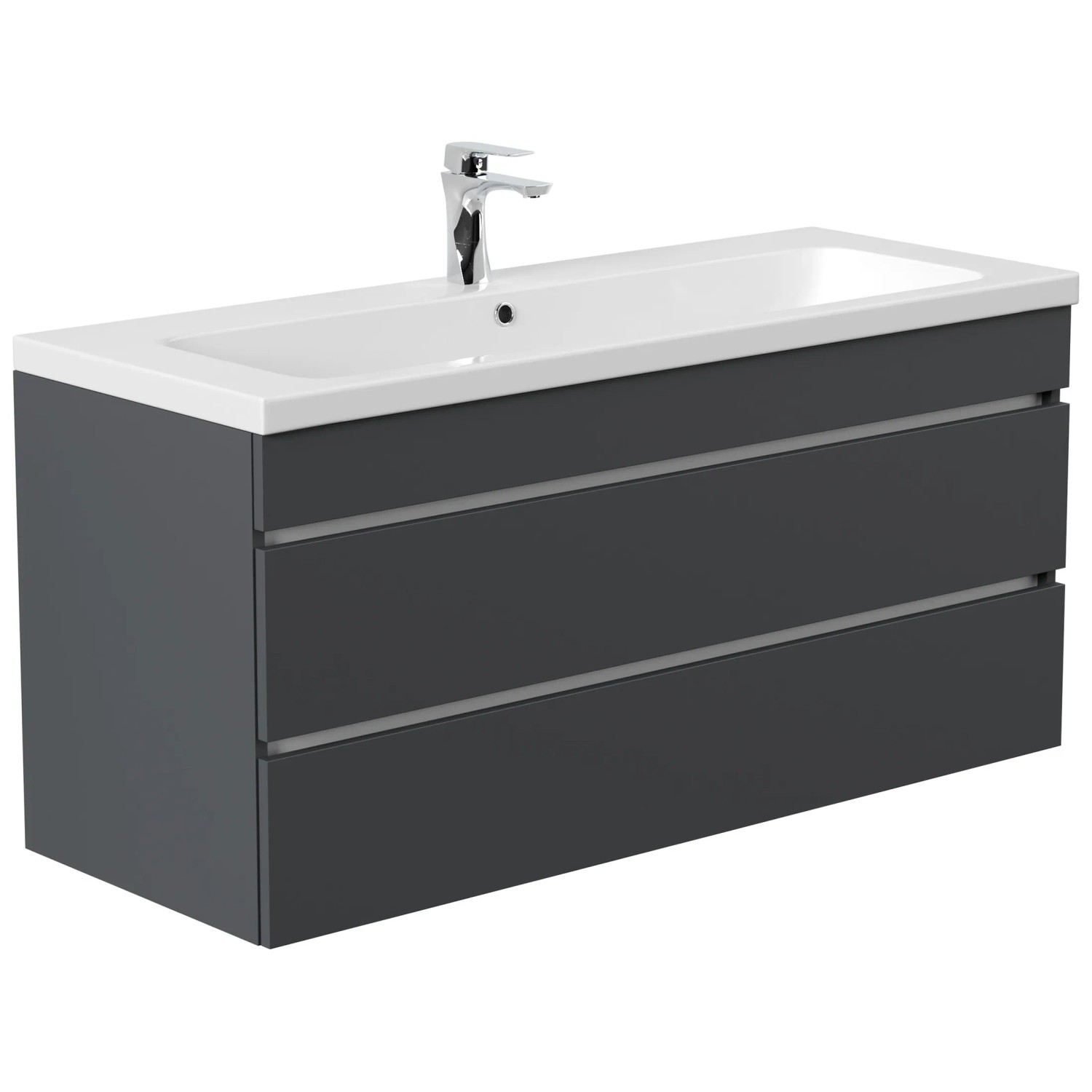 Posseik Badmöbel Fellini 120, grafitfarben mit grifflosen Schubladen und Mineralgusswaschbecken.