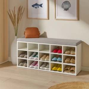 Relaxdays Schuhbank MDF Weiß Grau Gepolstert 15 Fächer 50 cm x 105 cm x 30,5 cm 22 kg