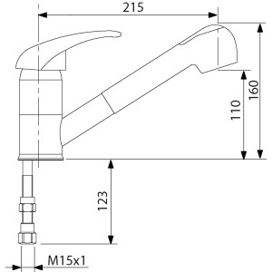 Skizze der Sanitop-Wingenroth Küchenarmatur Soul mit Geschirrbrause und Maßangaben.
