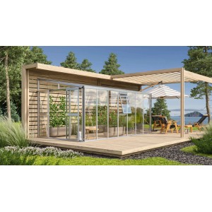 Vitavia Gewächshaus Athena 11900 aus Alu mit Pflanzen auf Terrasse und Gartenmöbeln.