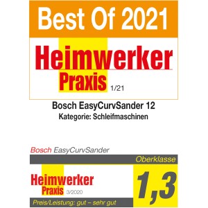 Auszeichnungen für Bosch EasyCurvSander 12 Akku-Schleifer: "Best of 2021" und "Heimwerker Praxis" Testsiegel.