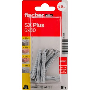 Fischer Spreizdübel SX Plus 6x50 mm, 10er-Packung. Dübel aus Nylon mit Kragen.
