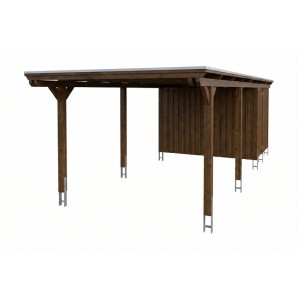 Skan Holz Carport Emsland aus nussbaumfarbenem Holz mit Flachdach, Stahl-Dachplatten und integriertem Abstellraum.