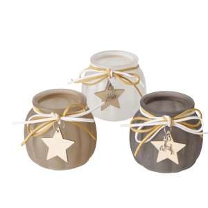 Windlichter Frosty, 8 cm, in Beige, Grau und Weiß mit Stern-Anhänger, Weihnachtsdekoration.