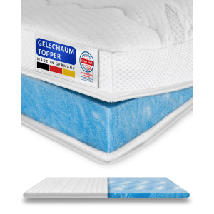 AM Qualitätsmatratzen Gelschaum Topper Premium Plus, 160x200 cm, mit offenem Gelschaumkern und Bezug.