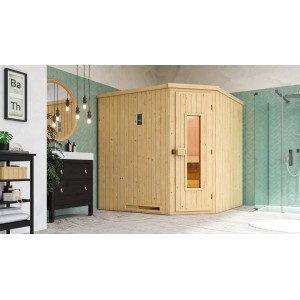 Weka Element-Ecksauna Varberg mit Holztür, 9 kW Ofen im Badezimmer. Kompakte Sauna aus Fichtenholz.