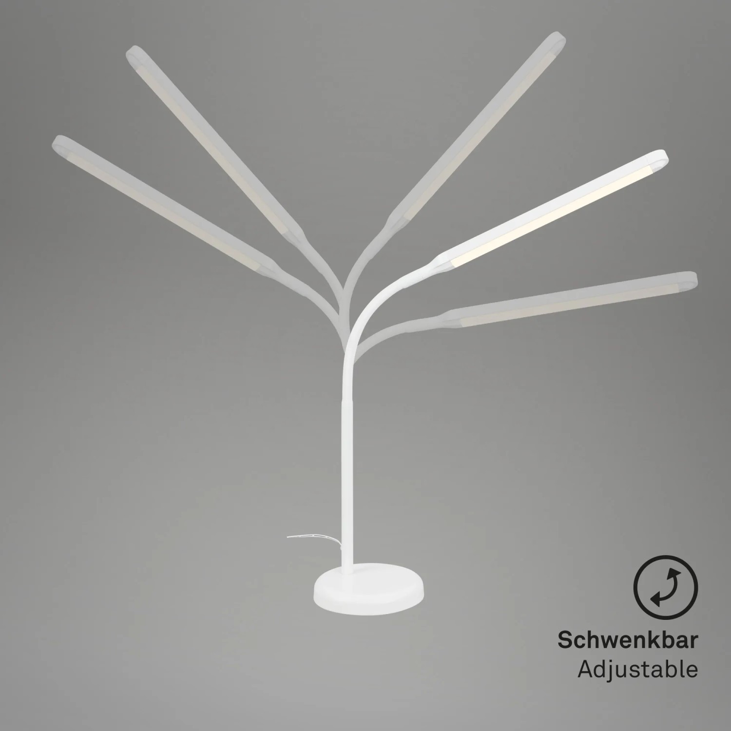 Dimmbare, weiße Brilo LED-Tischleuchte Pivaz mit flexiblem Leuchtenkopf in verschiedenen Positionen.