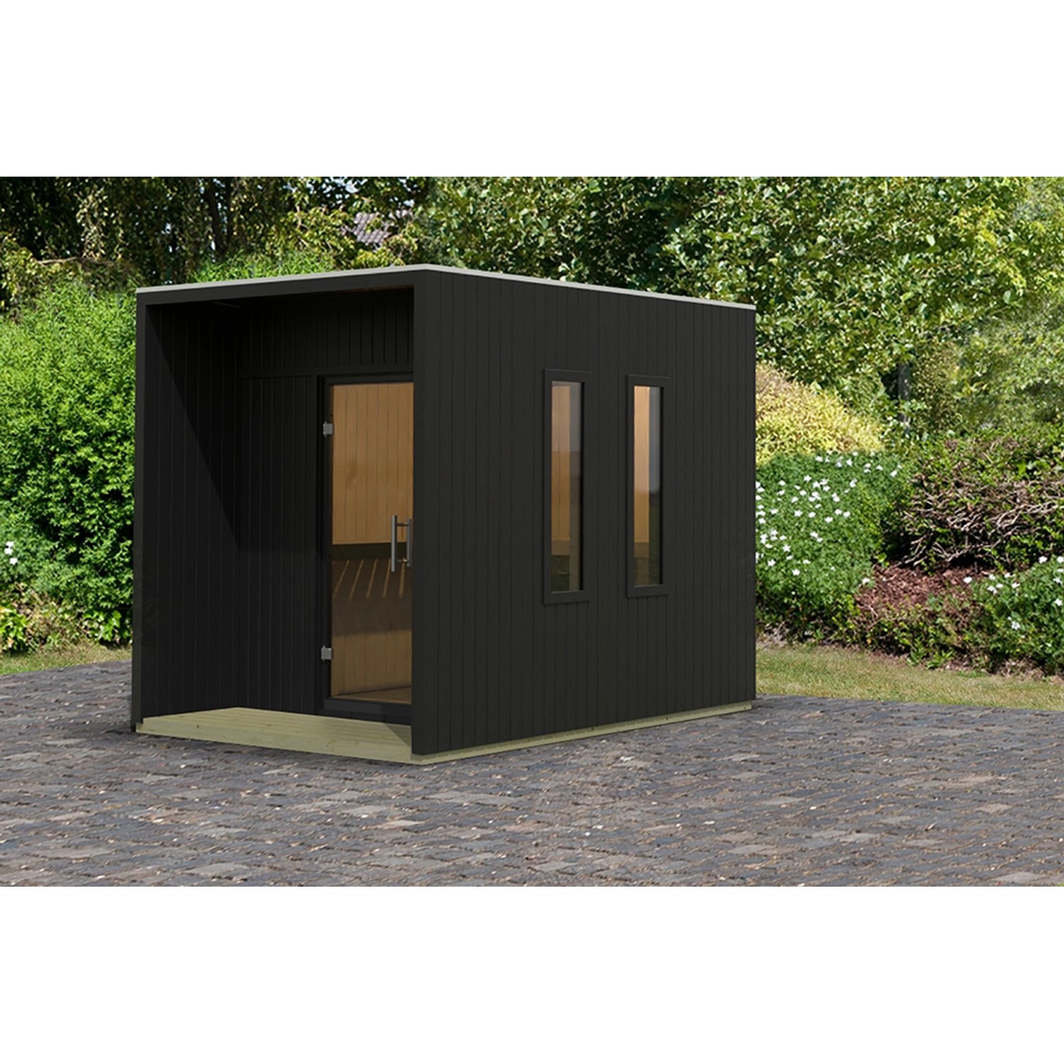 Schwarzes Karibu Saunahaus Rapallo (219,5x287,5cm) mit Glastür und zwei Fenstern.