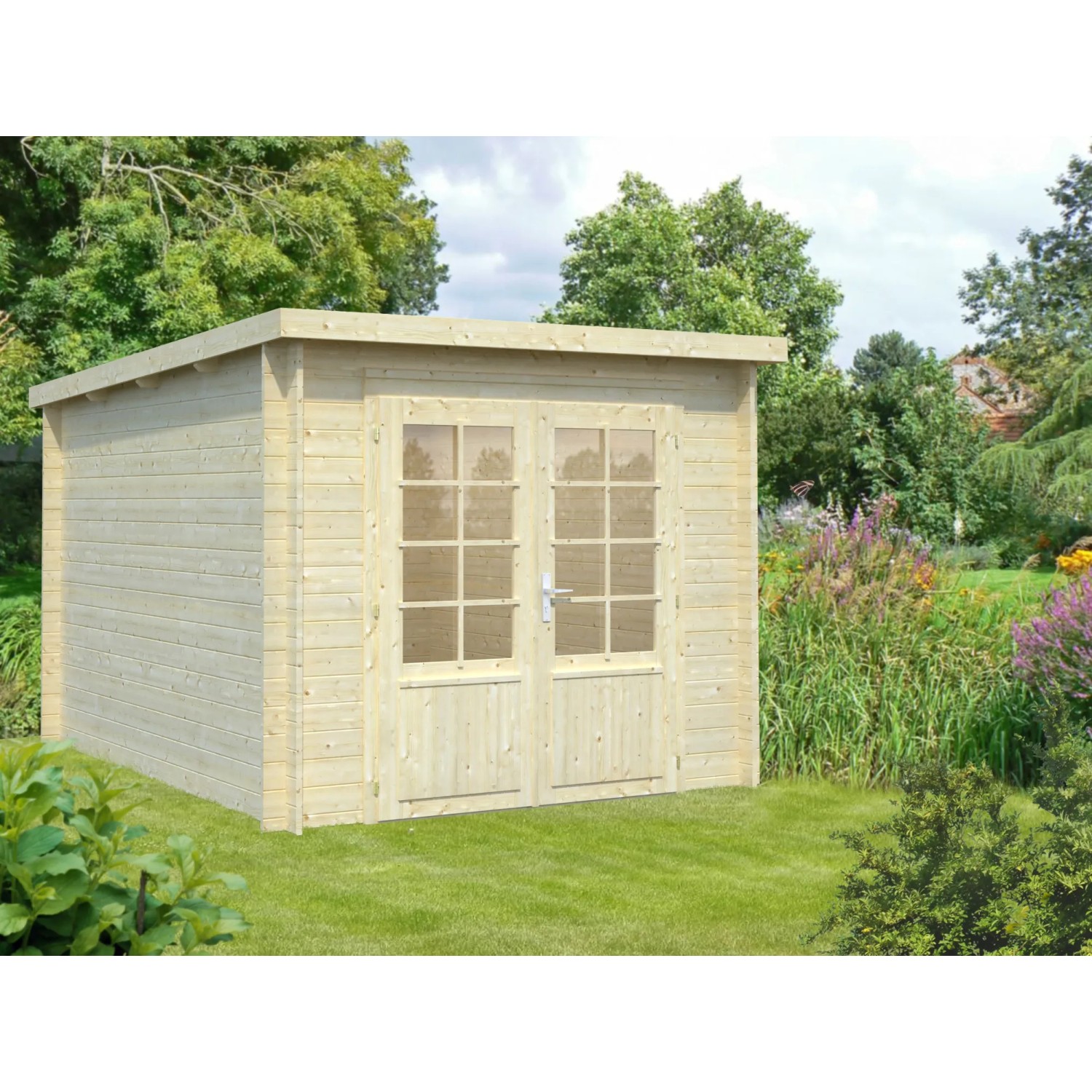 Palmako Ella Holz-Gartenhaus mit Flachdach, naturbelassen und tauchgrundiert, 240x300 cm.