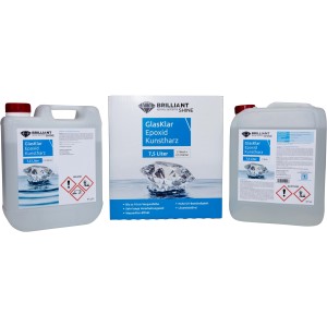 Brilliant Shine Epoxidharz A+B 7,5l transparent: 2 Kanister und Verpackung des Spezialspachtels.