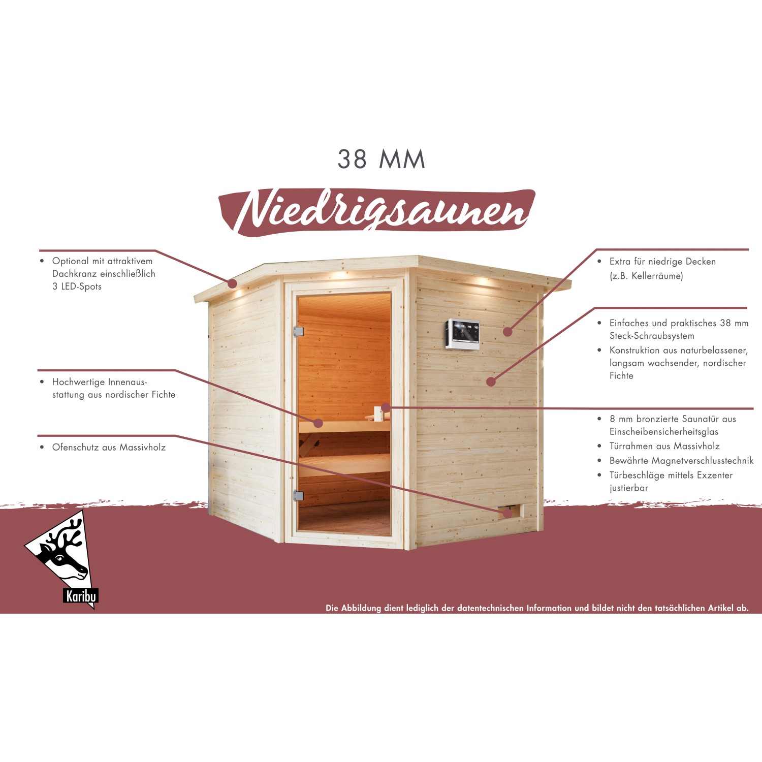 Woodfeeling Sauna Antonia mit Ofen und Glastür, Massivholz, Eckeinstieg. Ideal für kleine Räume.