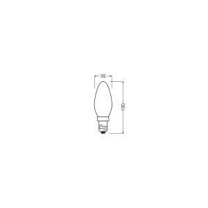Skizze: Osram LED-Leuchtmittel E14 Kerzenform, Maße 10 x 3,5 cm.