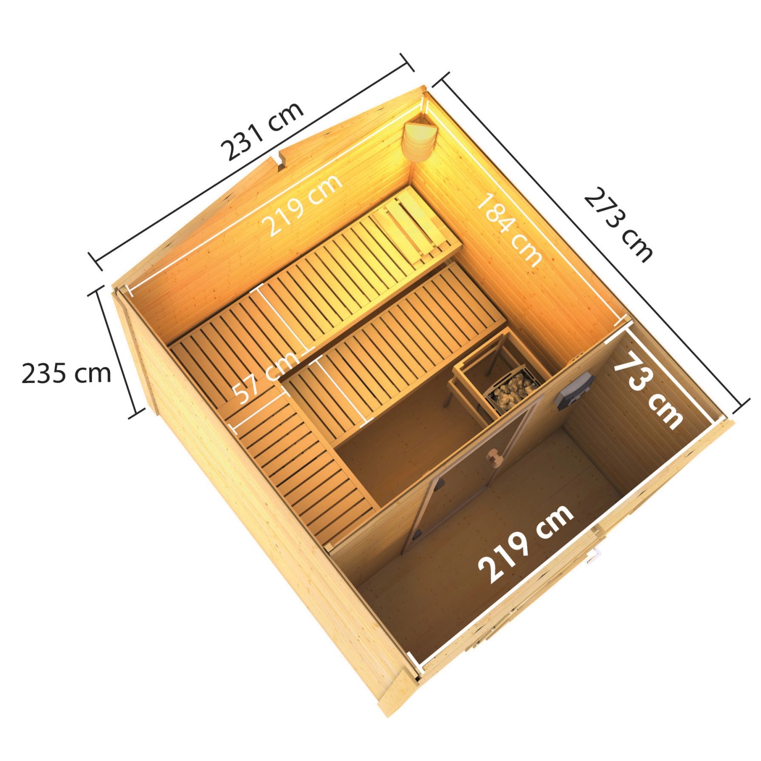 Innenansicht Karibu Saunahaus Espen 1 mit Bänken, Ofen und Maßen. Saunahaus aus Fichte.
