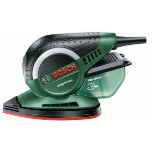 Bosch Multi-Schleifer PSM Primo, grüne Schleifmaschine mit Mikrofilter-Box für staubarmes Schleifen.