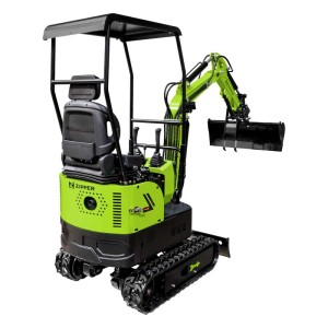 Grüner Zipper Minibagger ZI-MBG850DS5 mit schwarzem Fahrwerk, Kabinendach und Schaufel. Baumaschine für Aushubarbeiten.