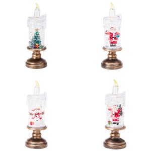 Vier LED-Weihnachtsdeko Kerzen mit Glitzer, goldener Basis und Motiven: Baum, Weihnachtsmann, Schneemann. Festliche Dekoration.