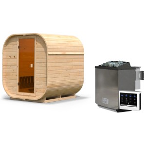 Karibu Fasssauna "Quadro 1" mit Ofen 9 kW Bio Extern Naturbelassen