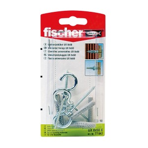 Fischer Universaldübel UX 8x50 mit Rundhaken, 4er Set, geeignet für verschiedene Baustoffe.