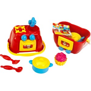 Sandspielzeug-Küche Beach Picnic Set mit Eimer, Förmchen, Topf, Kelle und Pfannenwender.