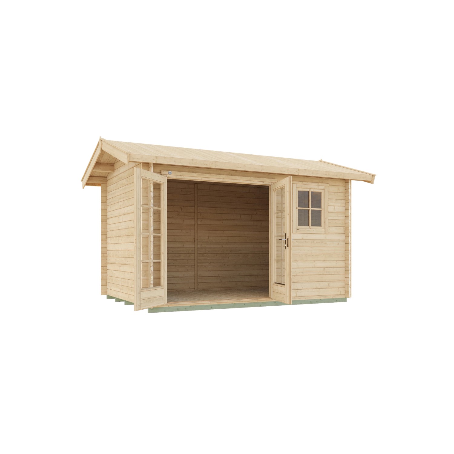 Unbehandeltes Weka Holz-Gartenhaus mit Satteldach und geöffneten Doppeltüren.