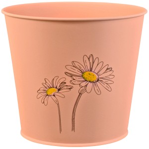 Lachsfarbener Zink Eimer Kräutertopf mit Blumenprint, 16x18,5 cm. Ideal für Kräuter und Blumen.