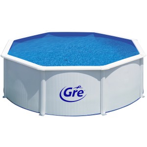 Weißer Gre Stahlwandpool Fidji, Ø 350 cm, gefüllt mit blauem Wasser.