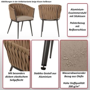 MCW Esszimmerstuhl N38 6er-Set, creme Kissen, hellbraunes Seilgeflecht, Aluminiumgestell.