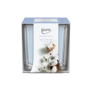 ipuro ESSENTIALS Duftkerze Cotton Fields, 125g im Glas mit Baumwoll-Motiv.