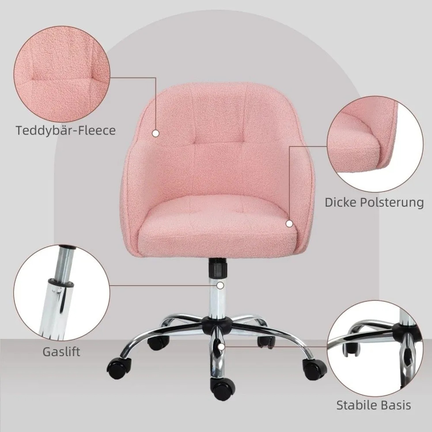 Rosa HOMCOM Homeoffice Stuhl aus Teddy-Fleece mit Gaslift, dicker Polsterung und 5 Rollen für Arbeitszimmer.