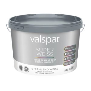 Eimer Valspar Innen- und Wandfarbe Super Weiß, 10 Liter, für strahlend weiße Wände.